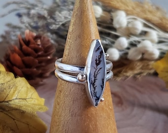Dendritic agate statement ring in long marquise shape | Handmade Art jewelry | Metalsmith rings