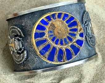 Scarab Cuff Bracelet – Sterling Silver with Lapis Lazuli & Ammonite Fossil, 24k Gold Accents