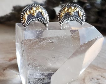 Silver crescent moon studs with 24K gold keum-boo floral accents.