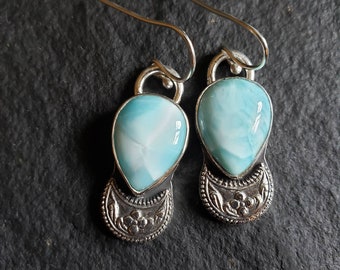 Larimar Drop Earrings with Crescent Moon Details