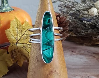 Malachite Dagger Ring in Sterling Silver With Multi wrapped band  | Handmade Art jewelry | Collector's Jewelry