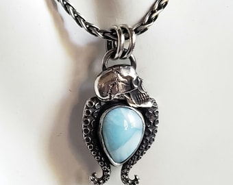 Octopus tentacle and skull silver pendant | larimar pendant