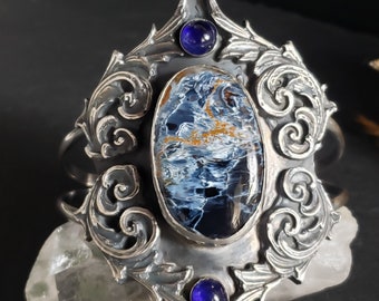 Statement Gothic cuff bracelet | Sterling and fine silver cuff with pietersite and sapphire gemstones| Handmade metalsmith cuff