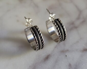 Sterling silver pattern wire small hoops with stud closures | Handmade metalsmith earrings