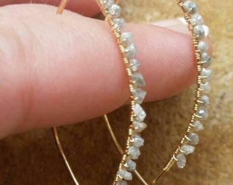 Raw Diamond Threader Earrings: 14k Gold Fill, Gray White Gemstone