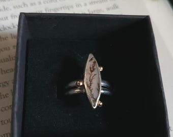 Dendritic agate statement ring in long marquise shape | Handmade Art jewelry | Metalsmith rings