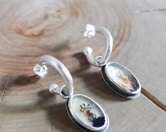 Dendritic agate dangles huggie hoop earrings | Discounted for flaws | Handmade Metalsmith Jewelry