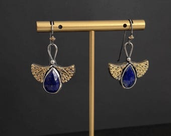 Lapis Lazuli Lotus Earrings – Egyptian Collection | Sterling Silver & 24K Gold Details