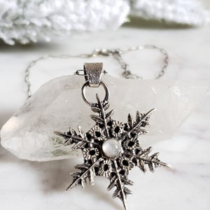 Silver snowflake pendant necklace with moonstone gem. Large Snowflake necklace Handmade collectors jewelry image 2