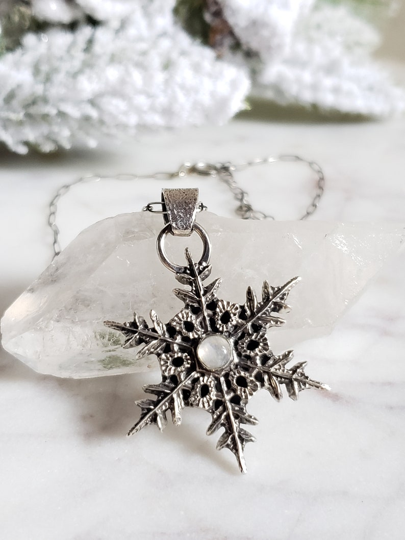 Silver snowflake pendant necklace with moonstone gem. Large Snowflake necklace Handmade collectors jewelry image 2