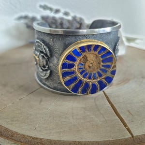 Egyptian Revival Collection Sterling silver and 24k gold keum boo bracelet with scarabs and Lapis lazuli inlaid ammonite fossil stone.