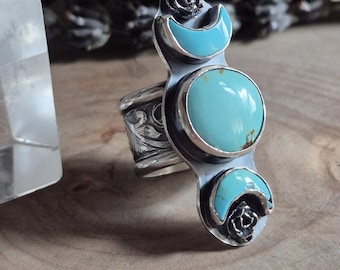 Triple stone turquoise moon phase cocktail boho ring size 7