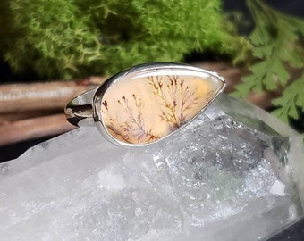 Dendritic Agate Sideways Teardrop Ring in Silver | Handmade Art jewelry | Collector's jewelry