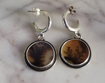 Dendritic agate dangles huggie hoop earrings | Handmade Metalsmith Jewelry