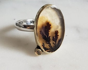 Dendritic Agate and 18k Gold Bezel Ring With Silver Band | Nature Scene Ring | Handmade Art jewelry | Collector's Jewelry