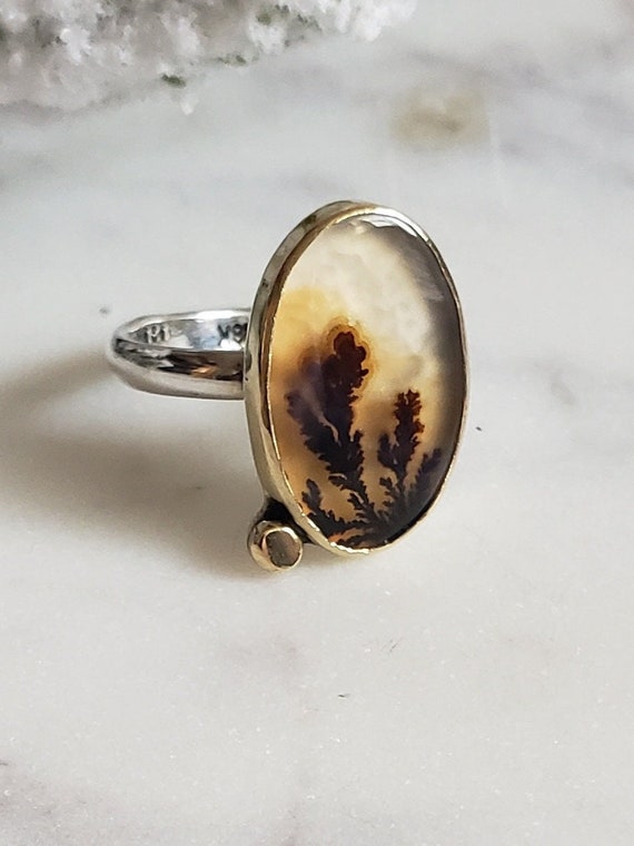 Dendritic Agate and 18k Gold Bezel Ring With Silver Band Nature