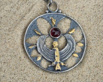 Garnet Horus Lotus Pendant – Sterling Silver Egyptian Necklace