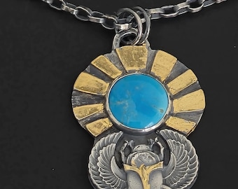 Sleeping Beauty Turquoise Scarab and Sun Statement necklace with custom made chain