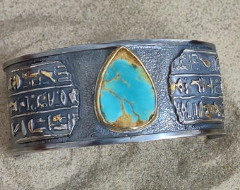 Turquoise Cuff Bracelet | Egyptian Revival Collection – Sterling Silver & 24k Gold overlay Hieroglyphs