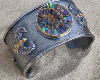 Opal Ammonite Fossil Cuff: Sterling Silver & 24k Gold Egyptian Revival