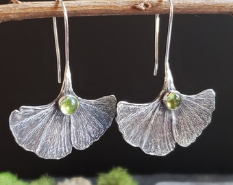 Ginko leaf ear wire earrings with choice of gemstones | Made to order | Art jewelry