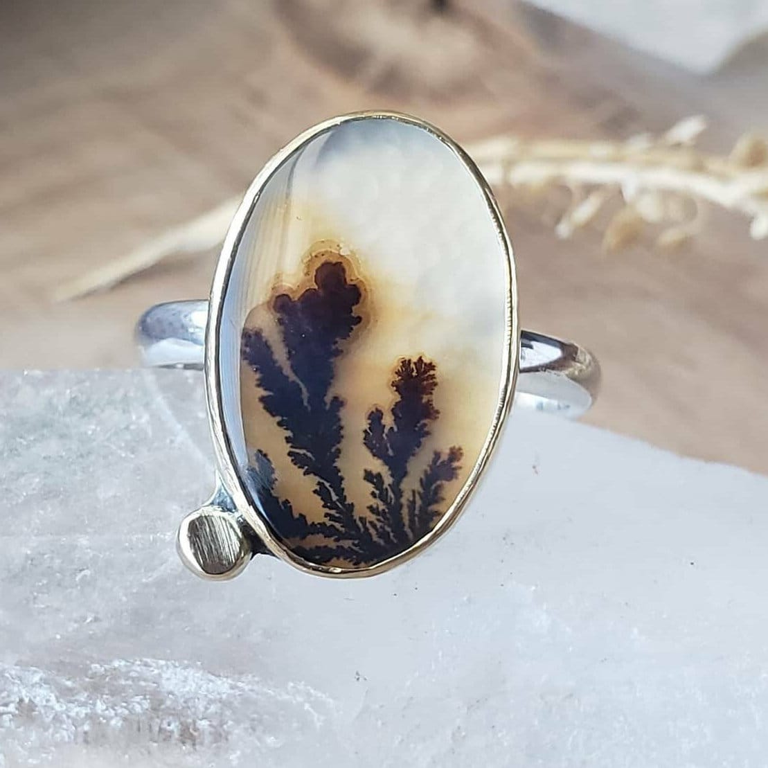 Dendritic Agate and 18k Gold Bezel Ring With Silver Band | Nature Scene Ring | Handmade Art jewelry | Collector's Jewelry