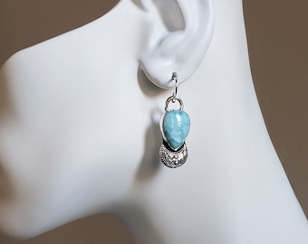 Larimar Drop Earrings with Crescent Moon Details | Handmade metalsmith earrings | Art Jewelry | Collector's jewelry