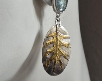 Aqua kyanite stud and oak leaf dangle earrings with 24k gold keum boo overlay