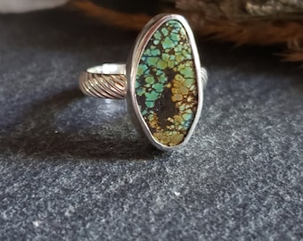 Turquoise statement ring with swirled band | Handmade Art jewelry | Collector's Jewelry