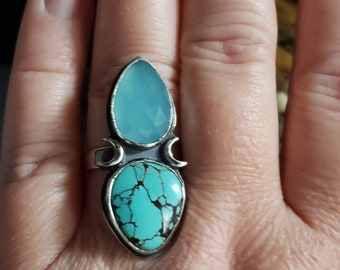 Turquoise and aqua chalcedony statement ring | Moon Phase Ring | Metalsmith jewelry