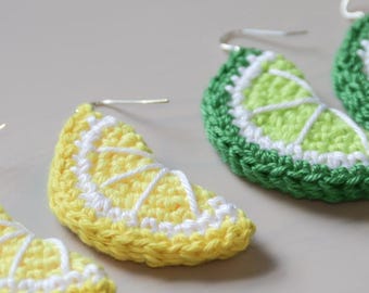 Citrus Crochet Fruity Fun Earrings - Lemon or Lime - Cotton Yarn