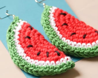 Large Watermelon Earrings - Cotton Yarn - Hand crochet