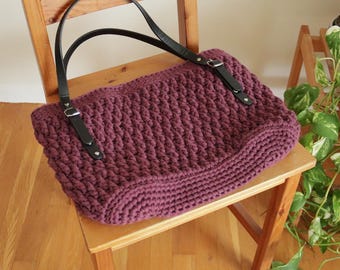 Purple Crochet Bag with Black Faux Leather Straps and Muslin Lining