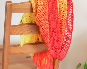 Summer Day Crochet Fringed Shawl - Bright Red to Yellow gradient - 100% Cotton - Handmade