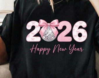 2026 Frohes Neues Jahr PNG, Kokette rosa Schleife Clipart, Disco Ball, Pastell Schein Ästhetik, trendiges neues Jahr Design (Digitaler Download)