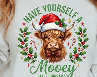 Mooey Weihnachtskuh PNG, Highland Kuh Weihnachten Clipart, Preppy Retro Weihnachten PNG, niedliche Kuh Kranz Kunst, Bauernhaus Urlaub Sublimation druckbar