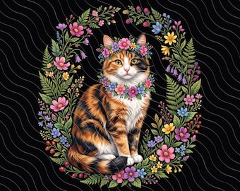 Wildblumenkranz für Calico-Katzen (PNG): Florale Calico-Kätzchen-Cliparts, niedliche Katzenliebhaber-PNG-Bilder, botanische Blumen-Katzen-Kunstwerke (Digitaler Download)