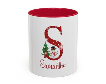 Personalized Christmas Initial Mug Red S Snowman & Tree Name Mug (11oz/15oz)