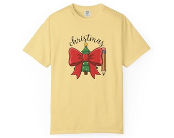 Christmas Teacher T-Shirt Pencil and Bow Holiday Tee