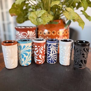 Handcrafted Mexican Barro Shot Glasses | Talavera Style Clay Tequila Glass | Handmade Pottery Drinkware |
