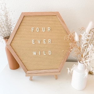 May include: A light brown hexagon letter board with the words "FOUR EVER WILD" in white letters. The board is on a small wooden easel. A terracotta vase with dried plants is to the left, and a white vase with dried flowers is to the right.