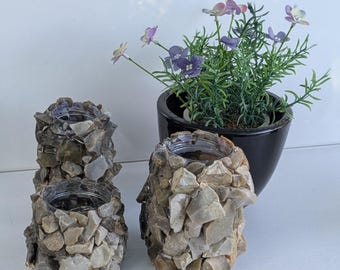 Juego de 3 faroles de sílex, piezas únicas, materiales naturales, portavelas, hechos a mano.