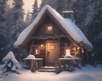 Paquete de arte de cabaña nevada invernal 2: 40 imágenes de IA: acogedora cabaña navideña, casa en el bosque nevado, arte de fantasía invernal (PNG) para uso comercial