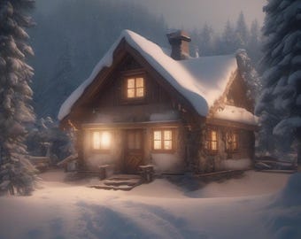 Paquete de arte de cabaña nevada de invierno 1: 40 imágenes de IA: acogedora cabaña navideña, casa en el bosque nevado, arte de fantasía invernal (PNG) para uso comercial