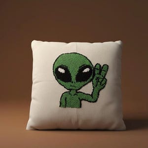 Alien Peace Sign Pillow Case Punch Needle
