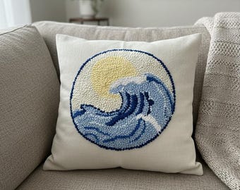 Vibrações costeiras - Ondas - Praia - Sol - Surf - Fronha bordada com agulha de punção