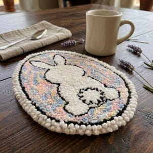 May include: An oval-shaped, handmade coaster with a white bunny design. The bunny is outlined in black and set against a pastel rainbow background. The coaster is on a dark wooden table, with a mug and a linen napkin with a spoon.