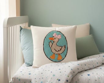 Capa de almofada Duck Punch Needle – Decoração de berçário em linho, estilo casa de campo