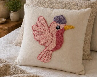 Funda de almohada con diseño de colibrí rosa y aguja perforadora