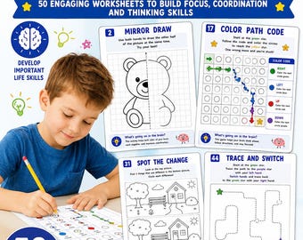 Kids Brain Games Workbook | 50 Printable Activities for Focus, Memory (PDF Download)